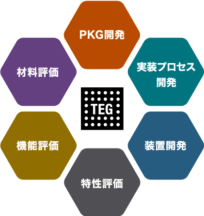 チップ/ウェハ評価・デバイス/モジュール評価・量産ラインにおける工程モニタ　TEG:PKG開発/実装プロセス開発/装置開発/特性評価/機能評価/材料評価